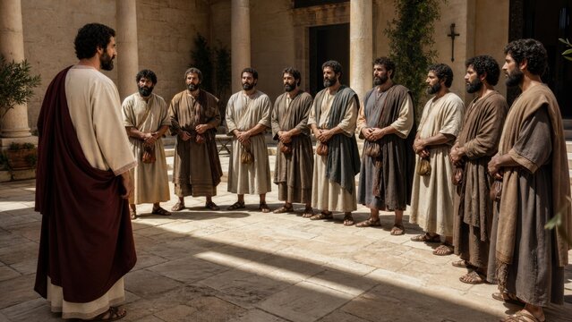 Nobleman instructing ten servants with minas in ancient courtyard. Biblical parable of the minas from gospel of Luke about stewardship and faithful service concept for religious teaching