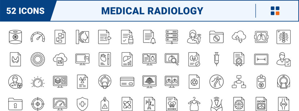 Medical radiology line icon set. Vector pictograms of imaging, diagnostic, report, and scanner elements, thin linear illustration.