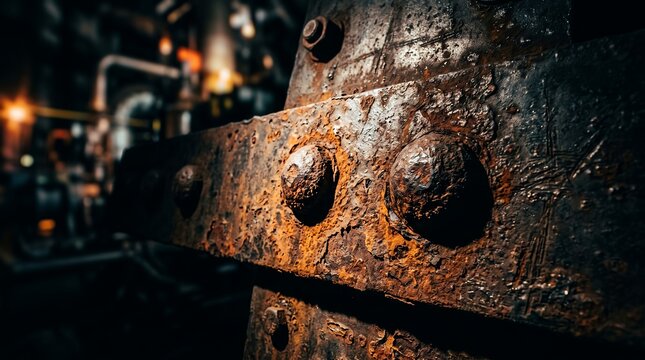 Rusted industrial steel beam and heavy metal rivets showcasing corrosion texture, weathered surface and vintage decay, concept for industrial decline and aging infrastructure