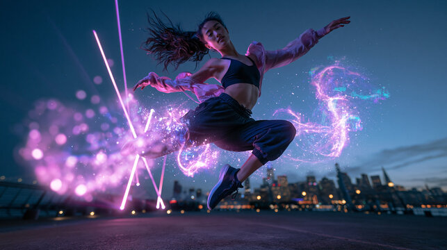 Dynamic Female Dancer Jumping with Glowing Neon Light Effects Outdoors