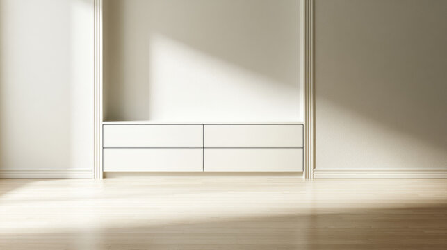 Minimalist built in storage cabinet in bright modern interior with warm sunlight, pale wood floor, white wall, empty space, and clean architectural lines