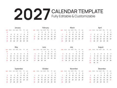 2027 calendar template year planner vector layout on white background week starts on Sunday