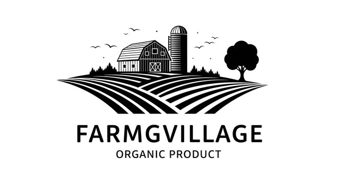 Black and white farm village logo with barn, silo, and organic product text