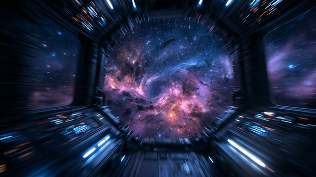 View of Deep Space Nebula from Spaceship Cockpit