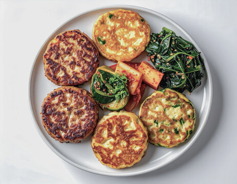 Assorted Korean Jeon with Kimchi and Seasoned Vegetables on White Plate