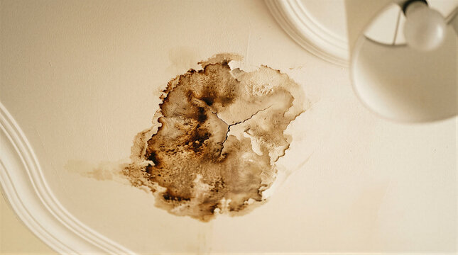 Large brown water stain with crack and peeling paint on white ceiling caused by roof leak. Home damage and mold risk concept. Housing repair and maintenance problem background