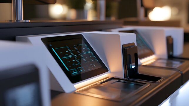 Modern digital kiosk with illuminated touchscreen interface and card reader slot in a sleek retail environment