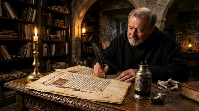A medieval monk writing on parchment with a quill inside a monastery scriptorium library.
