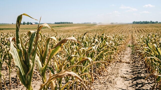Corn Field After Drought: Rows of parched corn stalks stand in a desolate field, testament to the severe drought that has impacted the harvest.