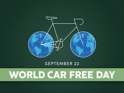World car free day promotional graphic with bicycle and globes illustration eco friendly transportation environment transport sustainable sustainability