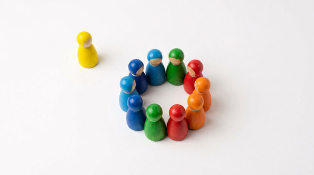 A single yellow pawn stands apart from a circle of colorful pawns, symbolizing exclusion or alienation in a minimalist setting.
