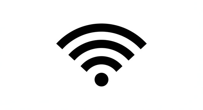 Flat black pictogram of three curved wireless signal bands rising above a small circular point