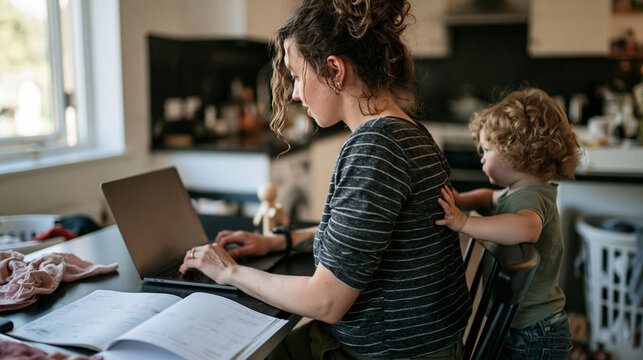 Side view of a busy working mother sitting at a table typing on a laptop computer while her small toddler stands behind her chair seeking attention.