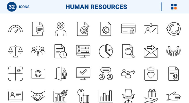 Employee Exit Interview line icon set. Vector pictograms of HR, feedback, turnover, and offboarding elements, thin linear illustration.