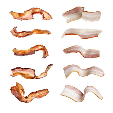 Set of fried and raw bacon rashers isolated on a transparent background