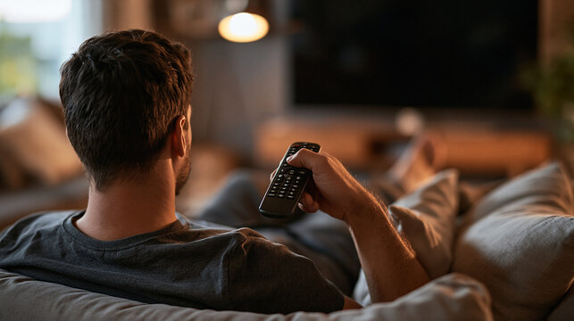 Rear view of a young man relaxing on a sofa holding a TV remote control to change channels while watching television in a cozy living room.