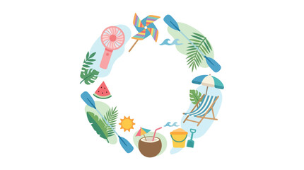 Naklejka premium A circular frame featuring colorful summer elements like a beach chair, coconut drink, fan, leaves, and a pinwheel on a white background.