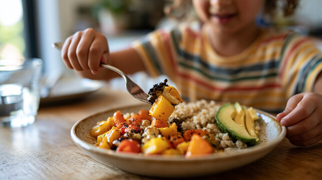 Close-up of a child eating a healthy bowl of roasted vegetables, avocado slices and brown rice with a fork at a wooden table at home.