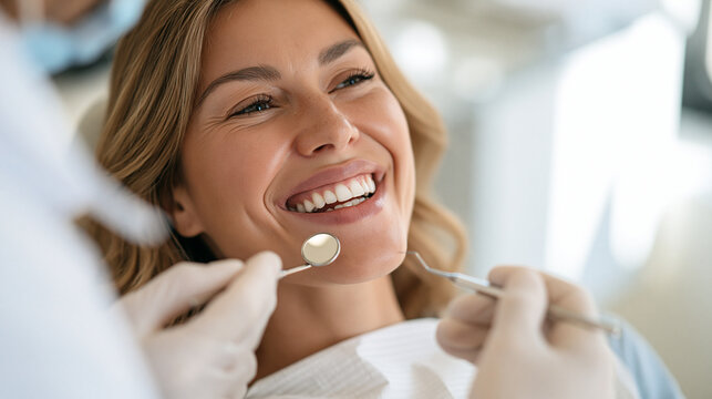 Close-up of a happy female patient with a healthy white smile during a routine checkup examined by a dentist with tools.