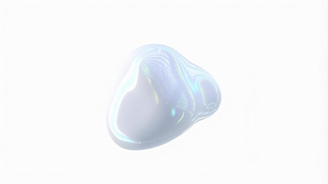 Translucent amorphous shape rotates and morphs smoothly on a white background. Expanding light and particle movement form a radiant abstract energy burst.