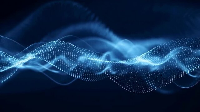 Flowing wave of glowing blue particles undulates against a dark background. Animated background combines flowing wave of particles with fluidity and data flow.