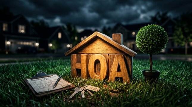 Wooden house model with HOA letters displaying rules clipboard, keys with tag and potted tree, concept for neighborhood guidelines and property management