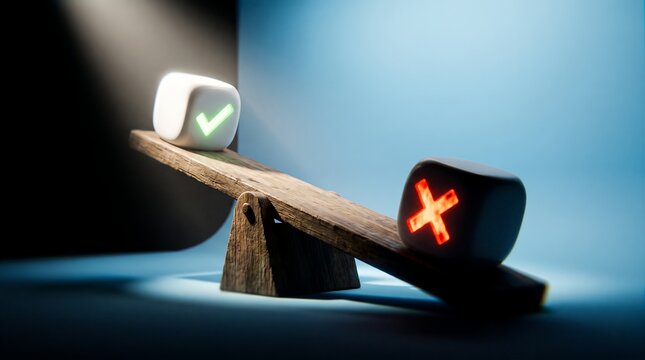 Wooden seesaw balancing two glowing blocks displaying green checkmark icon, red cross symbol and dramatic contrast lighting, concept for business decision making and risk assessment