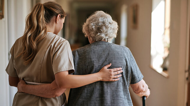 Back view of a young female caregiver supporting an elderly senior woman walking down a hallway at home or nursing facility.