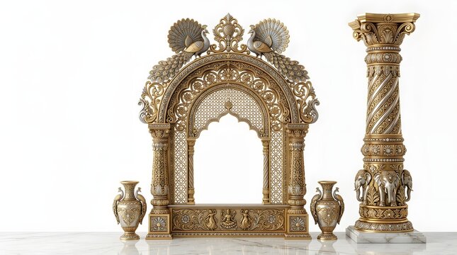 Ornate golden indian archway with peacock motifs, decorative pillar, and vases isolated on white background