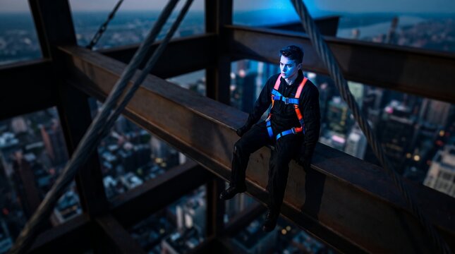 Young steelworker sitting on a high girder showcasing safety harness gear, urban city lights and industrial structure, concept for occupational safety and extreme height construction