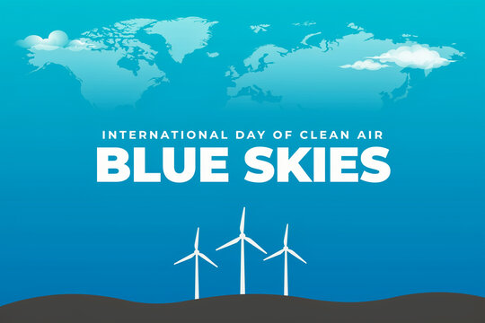 International day of clean air blue skies banner with wind turbines and world map vector graphic renewable energy green energy wind power air pollution