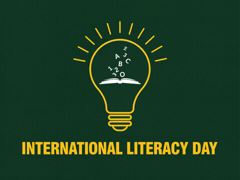 International literacy day glowing light bulb design containing open book and alphabet letters with green background education knowledge learning creativity