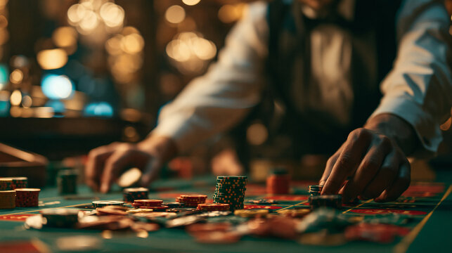 Close-up of a professional dealer hands placing multicolored gambling chips on a green gaming table inside a luxury casino with warm lights background.