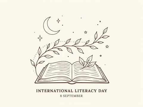 International literacy day design with open book illustration branch and moon stars line art cream background education learning knowledge academic