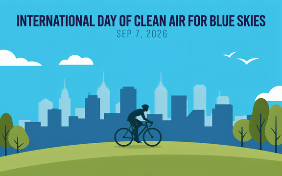 International day of clean air for blue skies banner featuring a cyclist and cityscape riding bicycle sustainable transport green energy pollution free