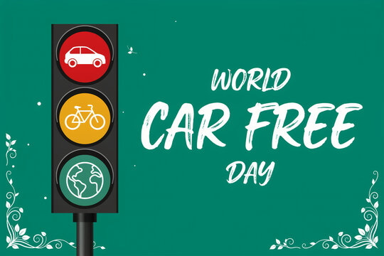 World car free day poster illustration with traffic light and ecological symbols against a green background environmental campaign sustainable transport