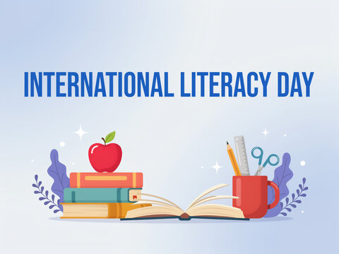 International literacy day design with stacked books apple school supplies on a light blue background red apple learning tools study desk academic supp