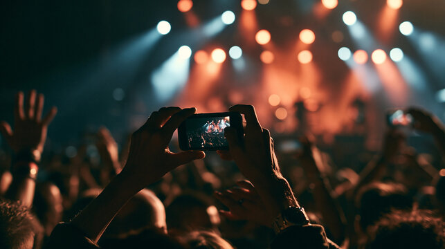 Silhouettes of people in a cheering crowd holding up smartphones to record a live performance at a music concert with bright stage lights.