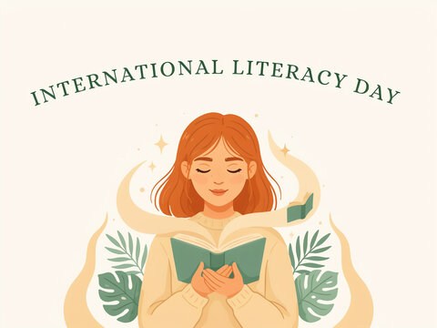 International literacy day vector illustration of a girl reading a book surrounded by tropical leaves with education campaign student learning book reader