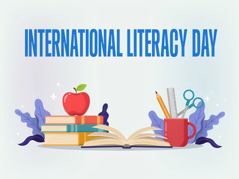 International literacy day banner with stacked books fresh apple school supplies on neutral background learning tools study desk academic supplies