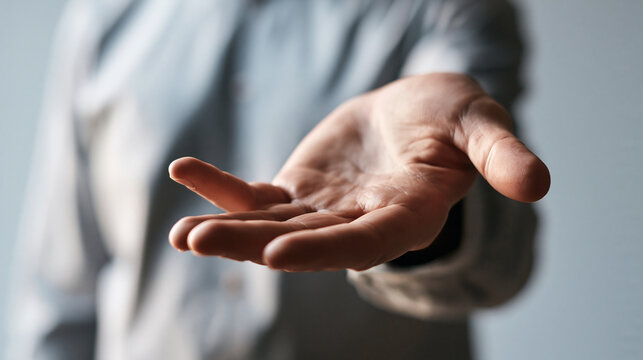 Close-up of a man extending his open hand forward in a helpful, offering, or welcoming gesture against a neutral background.