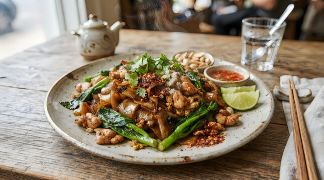 Delicious Thai pad see ew noodles and fresh herbs on a wooden table