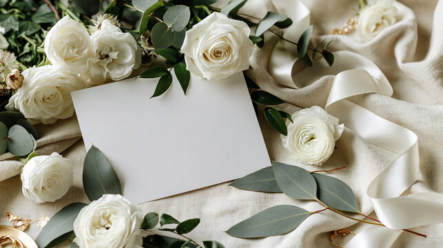 Top view layout of a clean blank invitation card mockup surrounded by fresh white roses, eucalyptus leaves, and silk ribbons on elegant draped fabric for wedding stationary presentation.