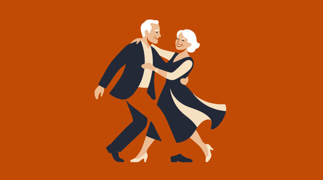 Happy senior couple dancing together, retro flat vector illustration