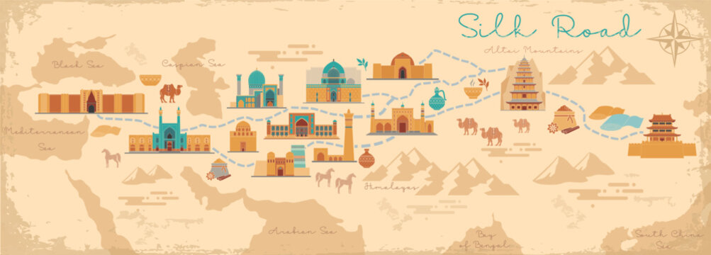 Silk Road Travel Map with Asian Landmarks Illustration