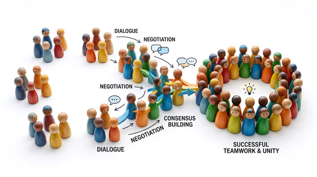 Teamwork and unity visualization, illustrating the process of dialogue, negotiation, and consensus building leading to successful collaboration and innovation.