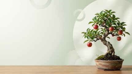 Fototapeta premium Minimalist Apple Bonsai Tree with Ripe Fruit on Sage Studio Background