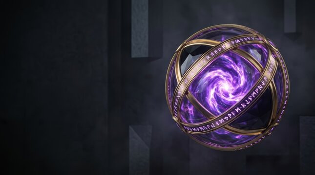 Levitating gold and obsidian celestial orb with violet mana vortex and runic details in dark editorial studio with copy space.