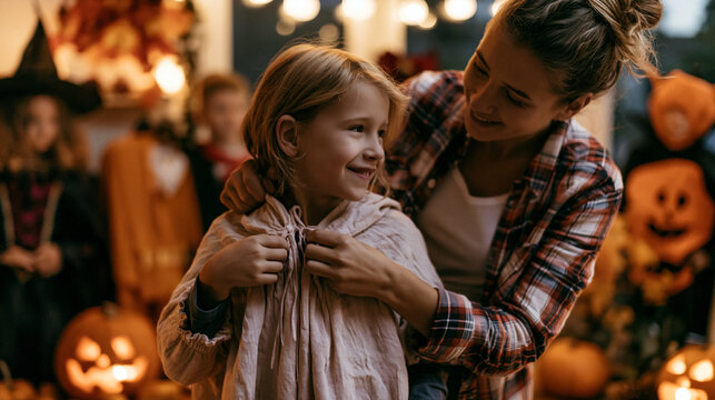 Smiling mother helping her cute young daughter wear a costume in a warmly lit room decorated with glowing jack-o'-lantern pumpkins for Halloween.