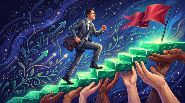 A man in a suit climbs steps held by hands, reaching for a red flag symbolizing success and ambition in a cosmic setting.